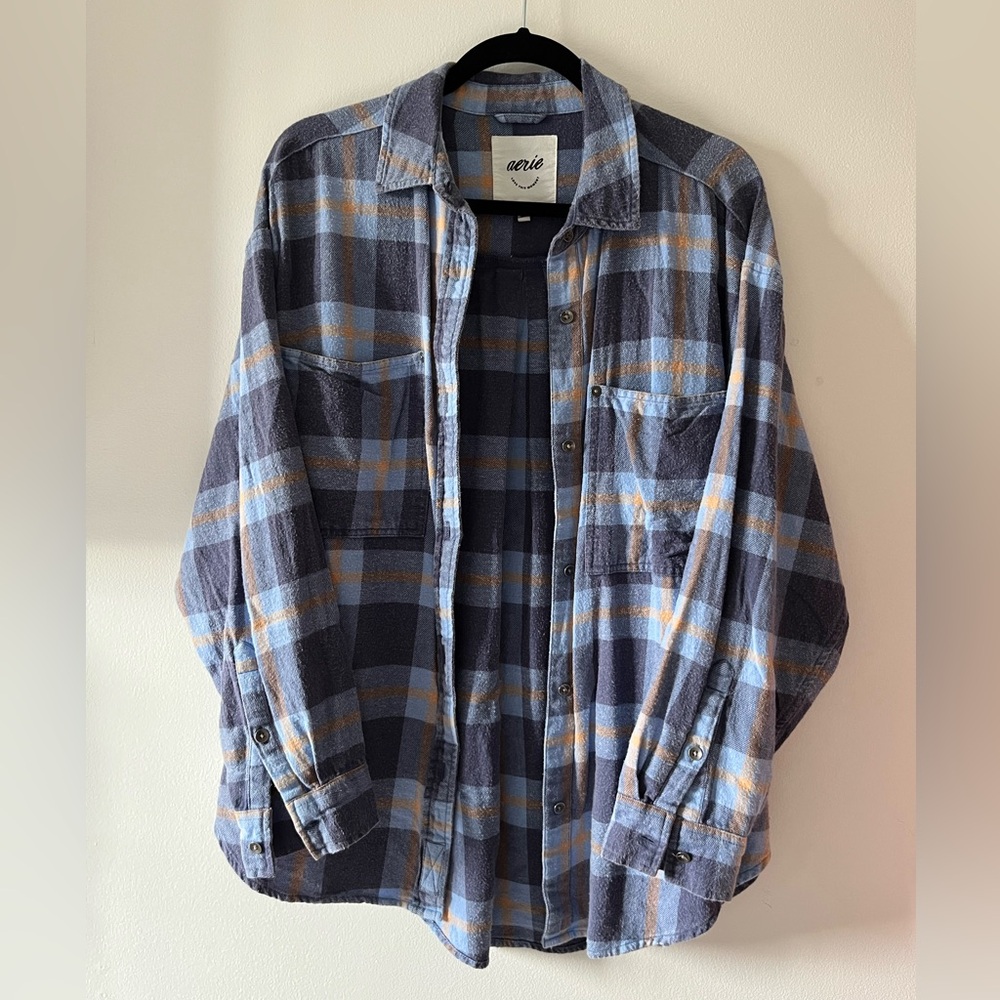 aerie Anytime Fave blue flannel button up shirt - size s